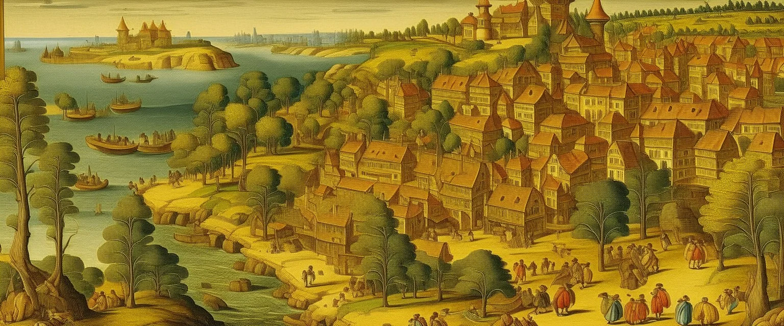 A golden yellow village on an island painted by Lucas van Leyden