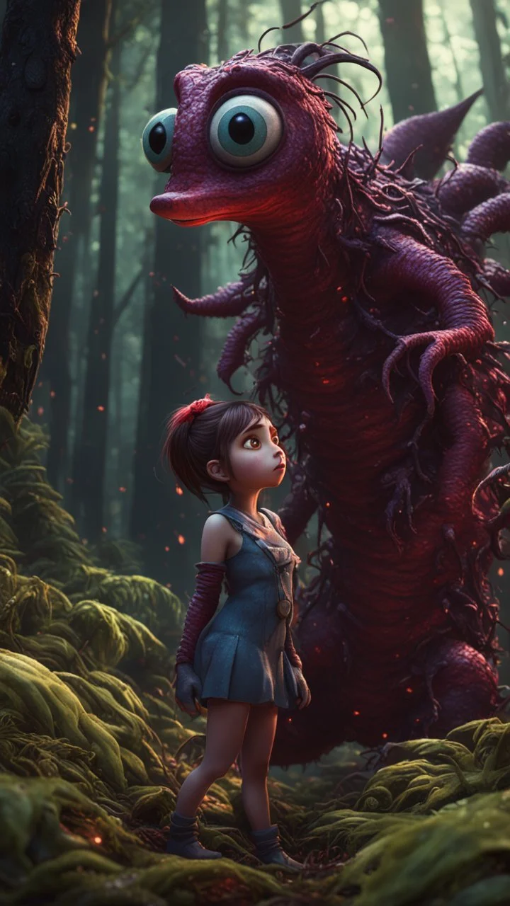 Rare parasite creature holding a girl meanwhile many worms streaming from his eyes in the forest, fullbody, macro photography, darkred tones,high detailed, 3d pixar disney the cinematic FKAA, TXAA, and RTX graphics technology employed for stunning detail.