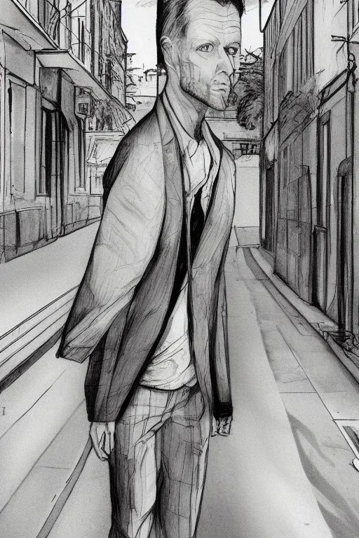 street, tall man with cockatoo head walking, model style, hyper realistic, accurate, delicate, extremely detailed, Graphic novel style, wide-angle, front view, open aperture, superfine pencil