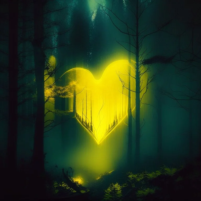 yellow fog in the forest at night with an electric heart