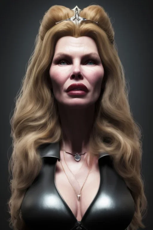 Kim Basinger as evil queen in black leather, busty, cleavage, curvy, angry, stern look. character design by cory loftis, fenghua zhong, ryohei hase, ismail inceoglu and ruan jia. unreal engine 5, artistic lighting, highly detailed, photorealistic, fantasy