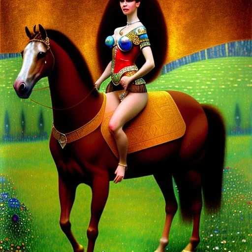 fullbody portrait of beautiful busty amazon woman riding a horse by Gustav Klimt 8k