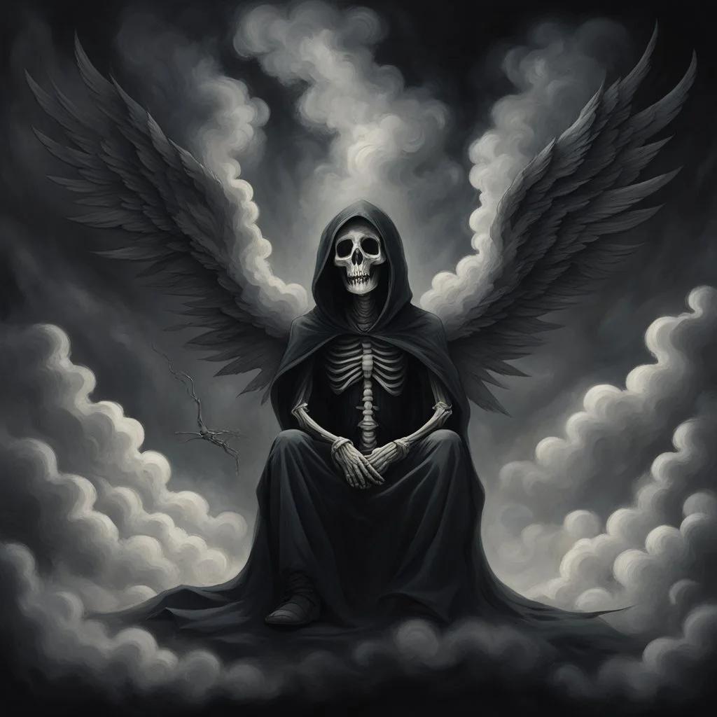 person sitting on a dark background. The dominant colors are black and gray, which give the scene an ominous and mysterious character. The person has their face turned upwards and blows cigarette smoke from their mouth, which enhances the impression of intrigue. It depicts a figure with wings emerging from its back, as if transforming into some supernatural creature. a hooded skeleton can be seen behind the clouds of smoke. he holds a scythe in one hand and a touch person in the other