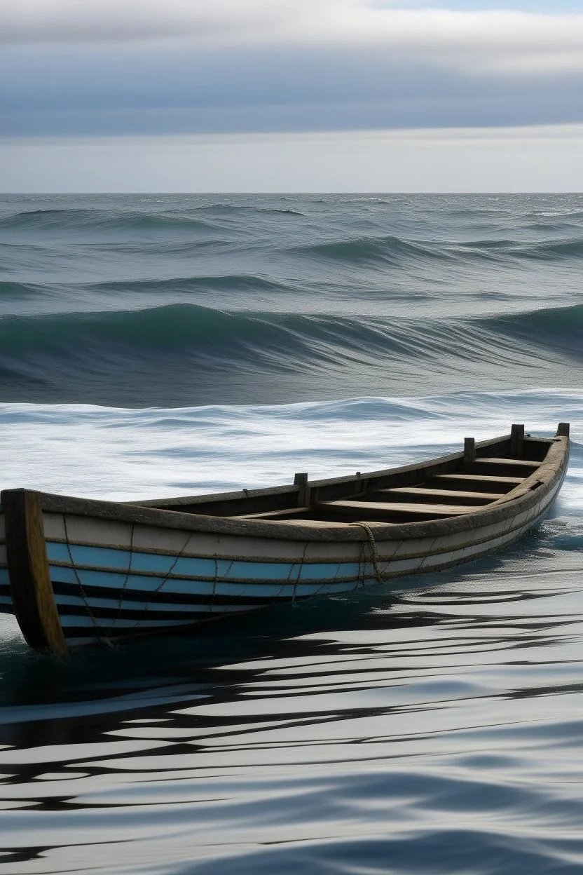 a row boat against the tied of the ocean