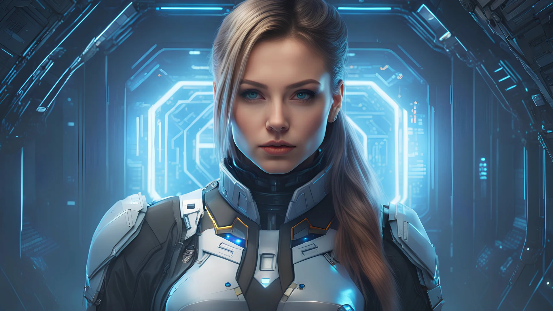 portrait realistic cyber Ukrainian girl half gorgeous cyber advance technician appealing costume, spacecraft hanger, looking at holograph, futuristic uplifting mood and motivation theme, science fiction, stunning intricate meticulously detailed dramatic digital illustration volumetric lighting, 250 megapixels 8K resolution, back-lit soft lights, photo-realistic arts, realistic photography, advance imagery techniques