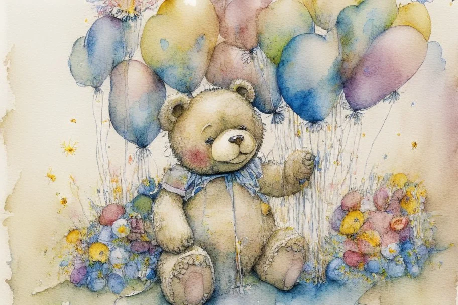 line art, watercolor wash, ( patchwork teddy bear sitting amongst flowers and balloons) brian froud style, carl larsson style, colourful palate, perfect composition, detailed background by daniel_merriamn summers day, studio photo, intricate details, highly detailed highly detailed elegant studio lighting intricate beautiful award winning crisp quality colourful very cute Daniel Merriam Daniel Gerhartz midjourney quality