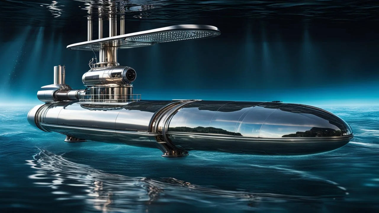 An unique futuristic glass and metal submarine in the ocean, with large of water surrounding it. The submarine bottom positioned in the center of the frame, providing a unique perspective on this streamlined high-techstructure and hightech interior equipment underwater, high detalied, sharp focus, best shot, sci-fi mood