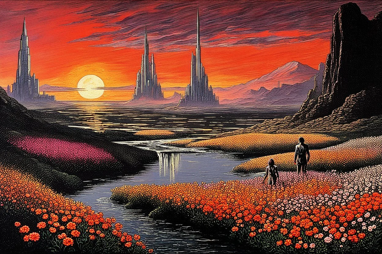 Beautiful epic sunset, logan's run 1976 movie influence, cosmic, people, rocks, river, flowers, very epic and philosophic, otto pippel impressionism paintings