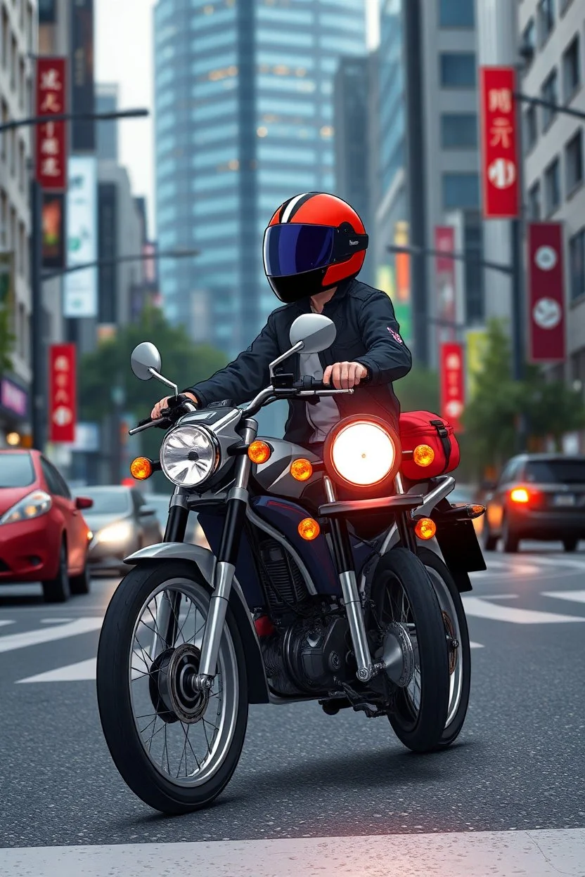 a full body anime driving byke in modern city street, no safty hat