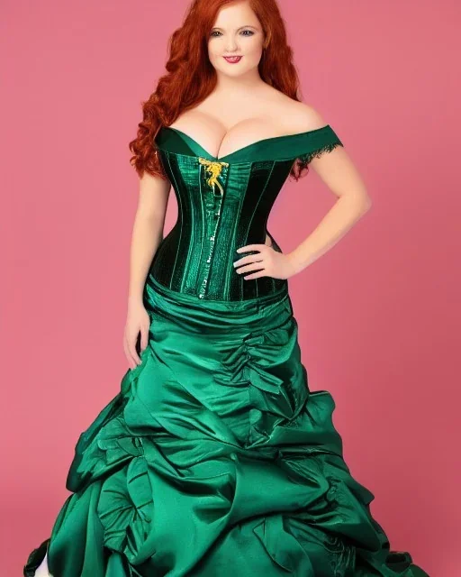 Busty princess with long auburn hair green eyes wearing a big dark teal green and gold satin ballgown corset off shoulder top casting magic full body, head and face