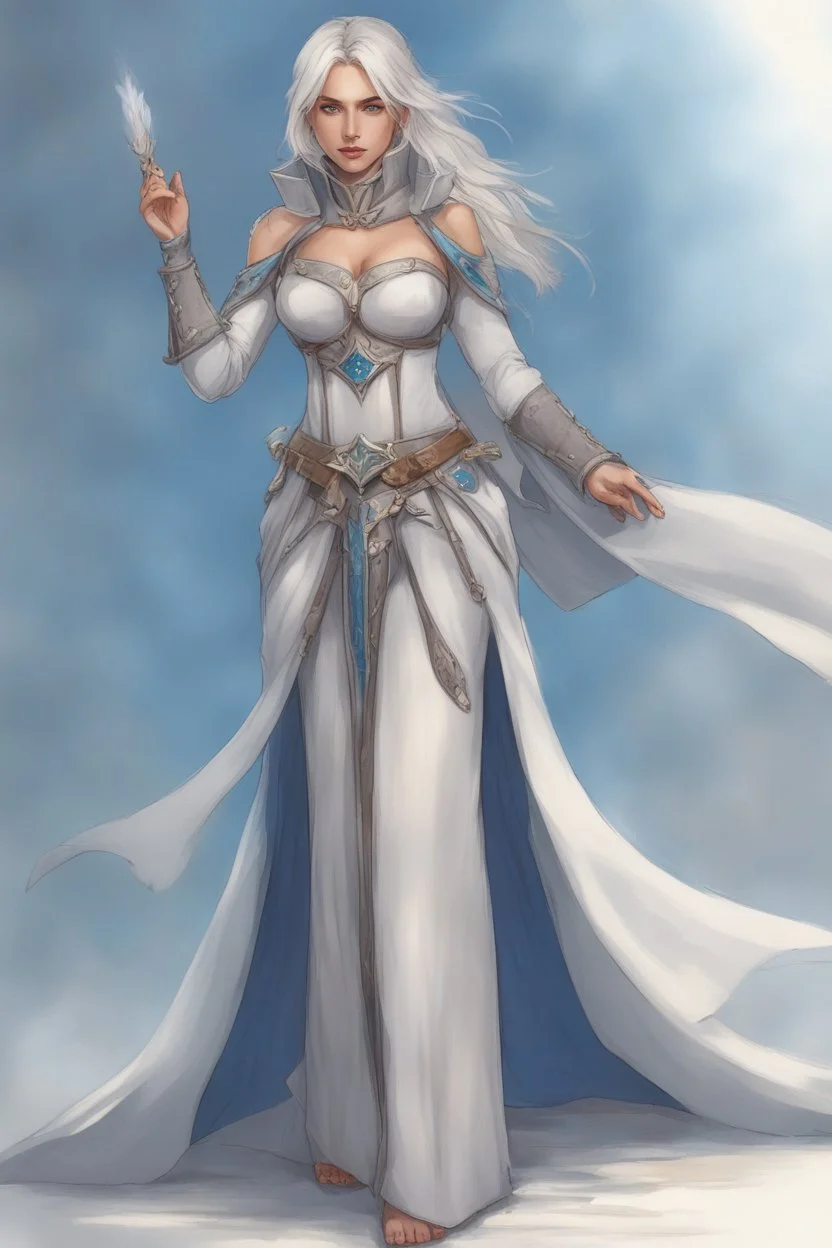 Dnd character sheet, full body. A female Aaismar twilight cleric with white hair and blue eyes, wearing gray robes. Etreal, beautiful, sexy