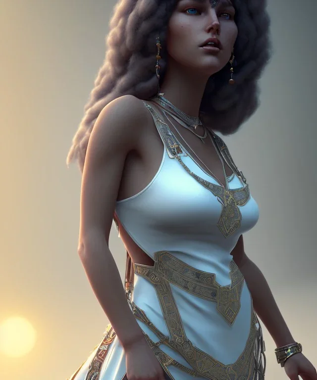 Gipsy, beautiful, curvy body, white fabric dress, beautiful long hair, bandana, long earings, head and shoulders portrait, holding tarot card, 8k resolution concept art portrait by Greg Rutkowski, Unreal Engine 5 volumetric lighting