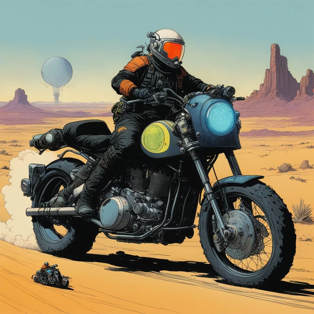 [sci-fi concept design by W. Heath Robinson] Dorohedoro rides a flashy cyberpunk style motorcycle with big engine and lights in the desert storm