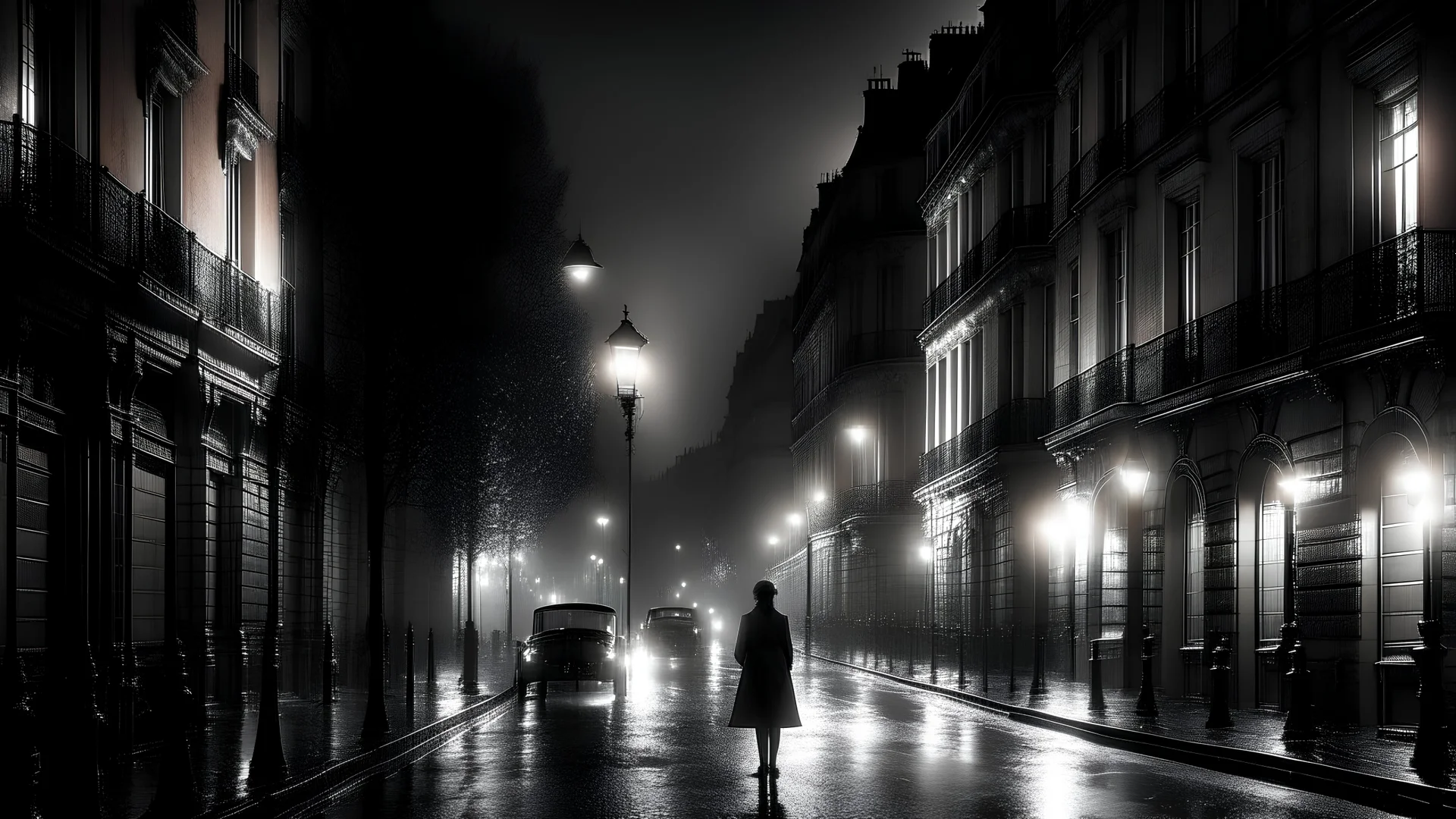 Imagine a picture of a girl walking in the streets of Paris at night in the rain alone, where fog covers large parts of the high-rise towers, where the visibility does not exceed twenty metres, the electricity is cut off for some reason, and only the moonlight illuminates the dark city with a slight bit of its light, where the dull colors contrast.