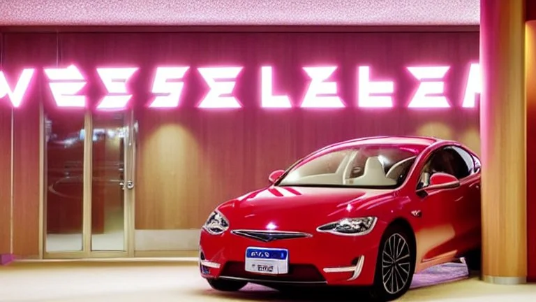 A Tesla's 'Model S Plaid' is doing donuts, inside the 'Everland Resort', in South Korea. CINEMATIC. WIDE ANGLE LENS.