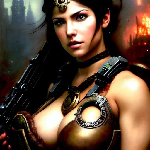 portrait beautiful face Kait Diaz (Gears Of War Series),busty,ancient metal armor balanciaga fashion clothe painting by gaston bussiere, greg rutkowski, yoji shinkawa, yoshitaka amano, tsutomu nihei, donato giancola, tim hildebrandt, oil on canvas, cinematic composition, extreme detail,fit full head inside picture,16k