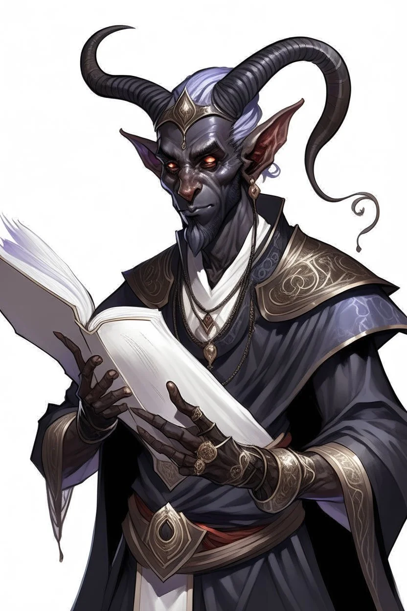 En male black skin tiefling fra dnd holding a book with Arcane Magic simple swirling around them in a silver and White Rope. His horn a perfectly place on acet from the front to the back pointing upwards