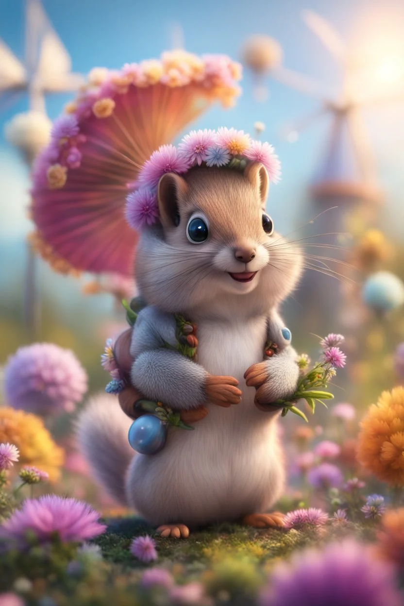 plexi glass tower, portrait of a cute fluffy wolly squirrel with berret in a parachute holding weird flowers in the style of pixar, on a strange planet with weird colors and wind turbines, bokeh like f/0.8, tilt-shift lens 8k, high detail, smooth render, down-light, unreal engine, prize winning