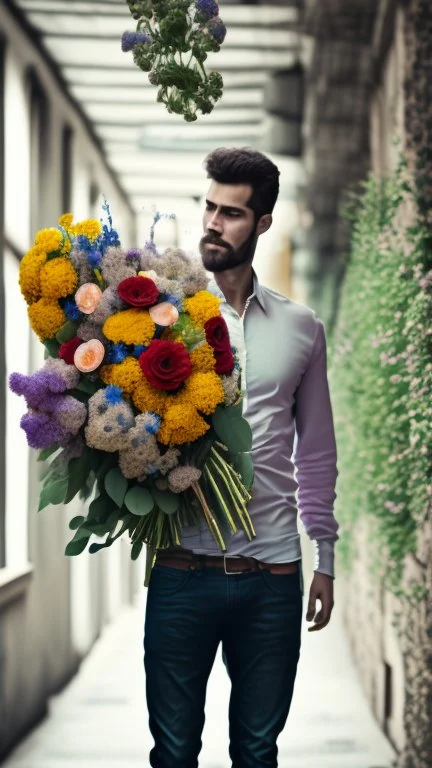 An image of a man holding a bouquet of flowers . --auto --s2