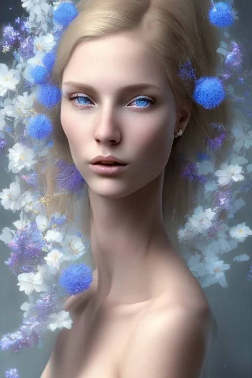 femme nue long cheveux blond yeux bleus portrait, 8k resolution, flower head and body, beautiful