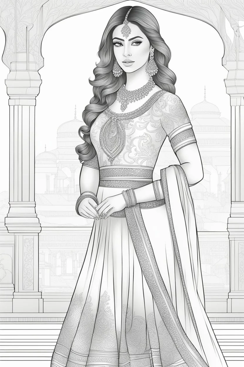 coloring page for adults of fashion model wearing hindi dress, thick and clear lines hair, full body portrait, style clean coloring page for adults, cartoon style, clean line art high detailed, white background, coloring book style, 8k, no-shading, thick lines hair, no-grayscale, lines hair