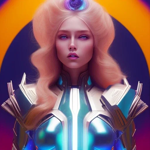 Beautyful woman,galactic , cosmic armor,hair long blond, blue eyes, happy cosmic, bright colors, blue, pink, realistic, photo real, clear sunny background, highly detailed, high contrast, 8k high definition, unreal engine 5, extremely sharp detail, light effect, sunny light background