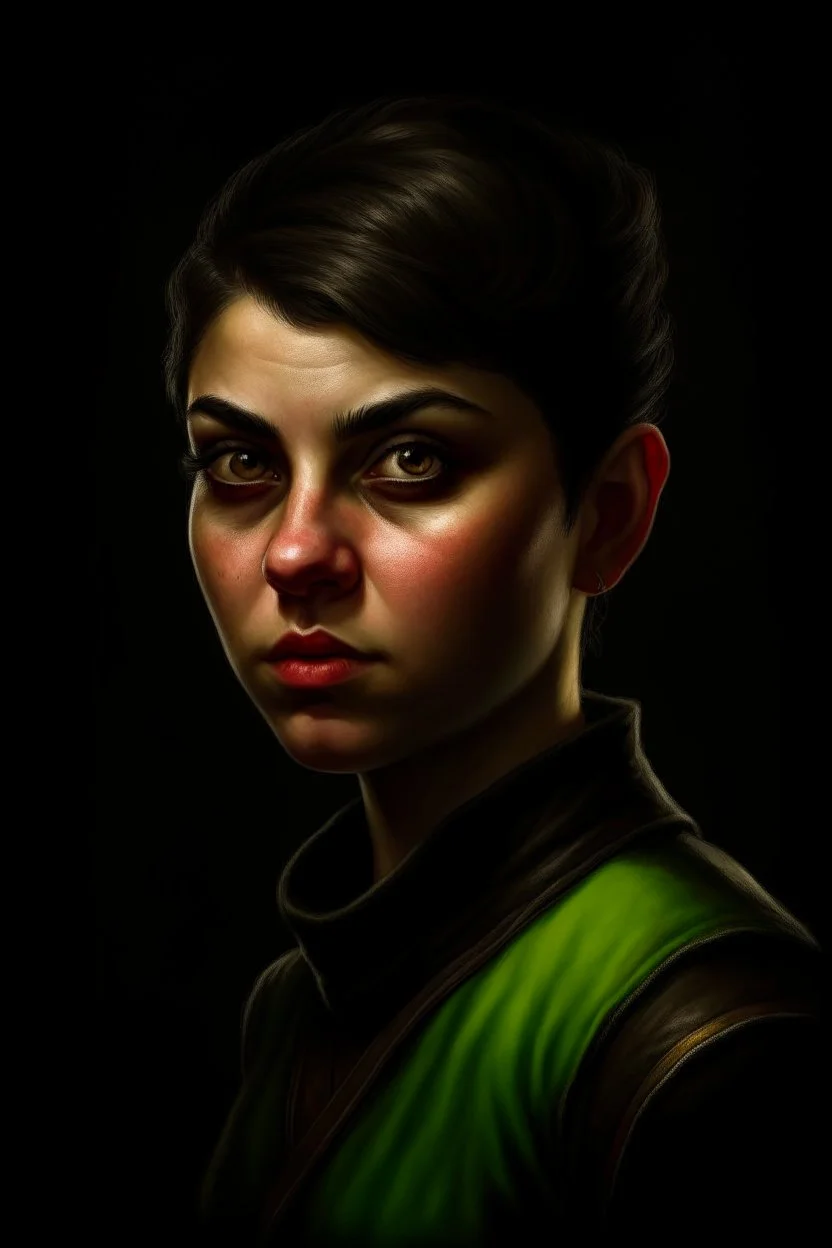 Portrait of a female fantasy half-orc, short hair, Caravaggio style