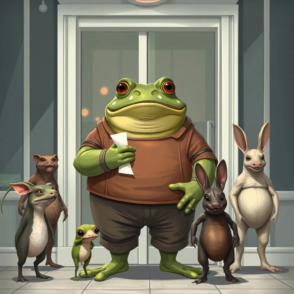 digital illustration from a fat anthropomorphic frog with gray-green skin in human cloths stand front an white-glass modern restorante door with a paper his hand, a lot of creatures stand back to the camera and opposite and looking the frog, some smaller like a pig, larger like a Vizzla body alien, bristled mutant, light-colored tall and squat pig-like creature , a mutant rabbit-like alien, a dark brown anthropomorphic rhinoceros head, sci-fi, fantasy