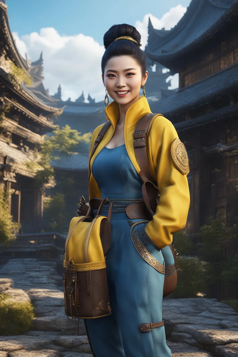 beautiful female, asian, pale skin, unhinged smiling, dark spiky hair with high bun, detailed dark eyes, yellow jacket, travel bag, baggy blue pants, fantasy setting, year 1500, 8k, 3d cgi, unreal engine 6, high detail, intricate, cinematic background