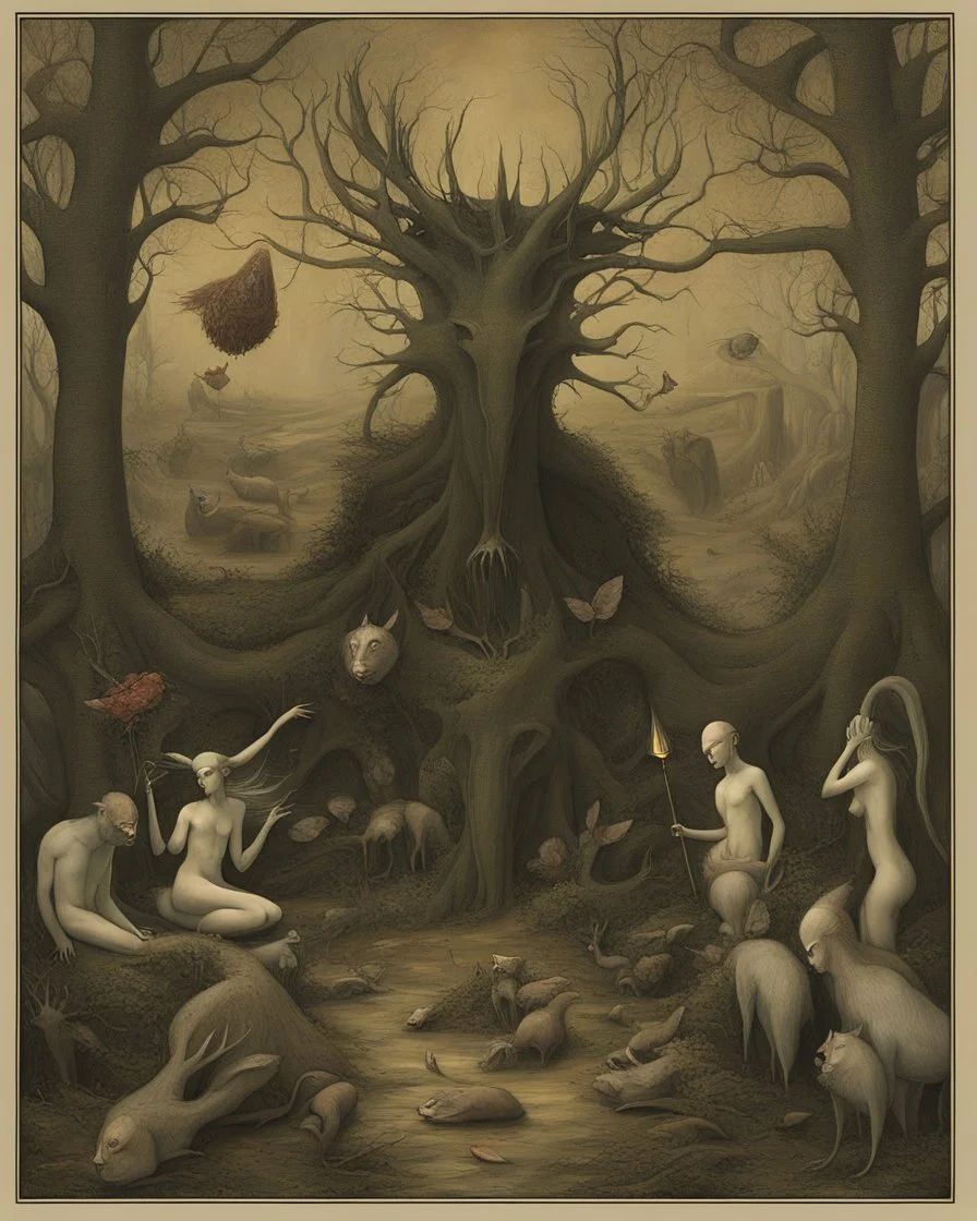 Create a dark fairy tale scene titled "Whispers of the Enchanted Forest," inspired by the fictional narrative of 'The Manifatso Chronicles'. This story centers around a mythical conflict where meat eaters, driven by a manifesto called the Manifatso, are trying to oust vegans from a mystical land. The artistic depiction draws on the distinctive styles of Hieronymus Bosch, Salvador Dalí, Gustave Doré, Tim Burton, Caspar David Friedrich, William Blake, René Magritte, Alphonse Mucha, John Martin, Ma