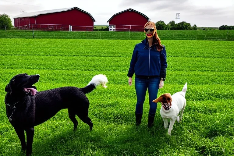 Photograph. Technological dystopia. Machine, fake smile, staring eyes. Milky white lay figures torso on the ground. Grass, mud. dirt. Dog sniffing the torso. An yard of a farm is in the Background.