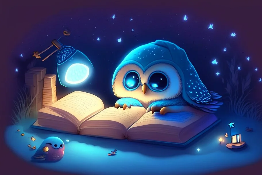 cute chibi bioluminescent owl in sleeping cap is reading a book in a wooden bed at night in starshine