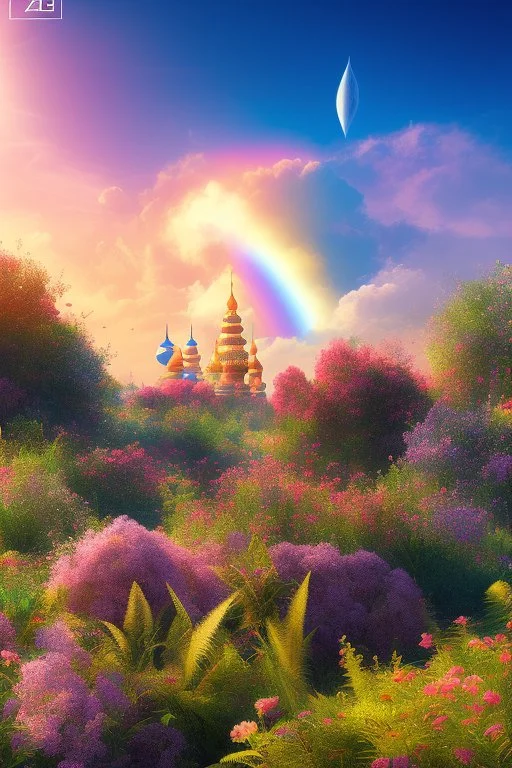 digital illustration, a world full of life divine thrill of biological tranquil sky, flowers, bright color splashes, high detailed 8 k,ufo rainbow