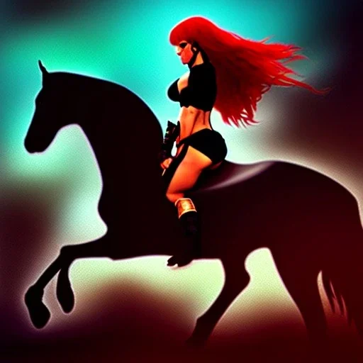 ultra detailed portrait of beautiful Red Sonja Riding a Black Horse and wearing a bikini plate armor, extremely detailed digital painting, extremely detailed face, in the style of Ken Kelly and A.J. Manzanedo ,mystical colors, rim light, beautiful lighting, 8 k, stunning scene, raytracing