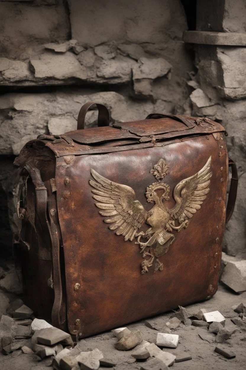 in the BASEMENT there is an old, broken brown oblong leather chest with short handles, from which gold coins from the time of Catherine the Great fall out. The ancient coat of arms of tsarist Russia, the double-headed eagle, is BARELY VISIBLE on the bag. There are a lot of broken bricks and earth around the bag. All in high quality 8K