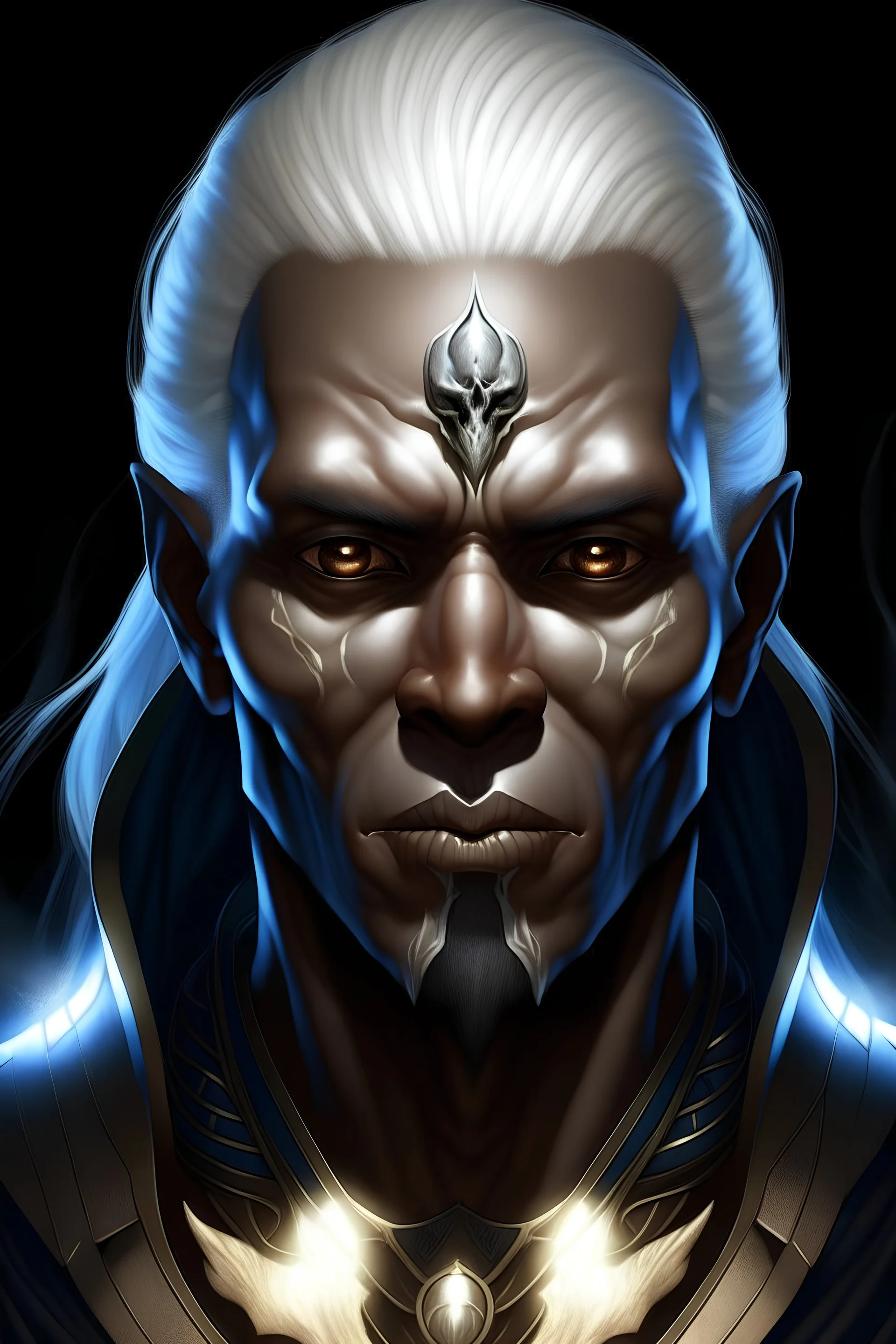 Generate a dungeons and dragons character portrait of the face of a male cleric of peace aasimar that looks like a drow blessed by the goddess Selune. He has black hair and glowing eyes and is surrounded by holy light