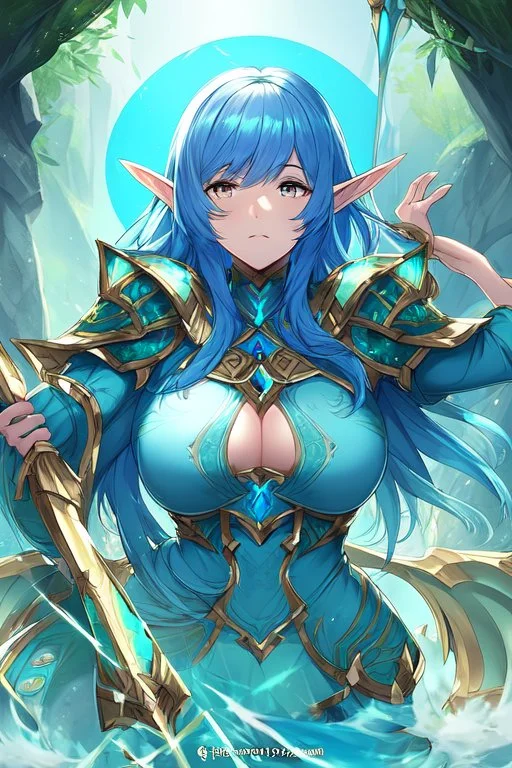 cleric, Elf woman, Teal armor, Blue Hair, Sulune, Spear, hot, priestess, Kind, pale