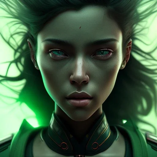 portrait, insanely detailed, heroïc fantasy setting, woman, dark-skinned, indian, octane render, green and black wavy hair