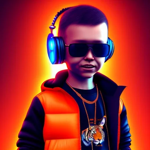 Tiger toddler, smile, cyberpunk headphone, sunglass, gangsta neckless, full body, orange puffer jacket, tokio background, dramatic lighting, hyper realistic, unreal engine 5, 16k