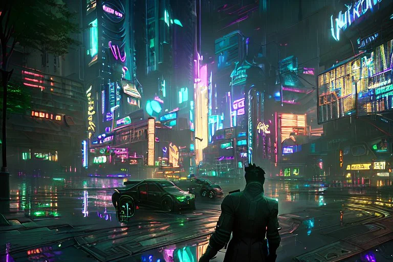 Cyberpunk district with giant foggy skyscarpers, cars, FoV: 100, HD, Unreal Engine 4, heavy rain, rainy streets reflection, neon signs, low contrast, grainy, less color, titanfall,