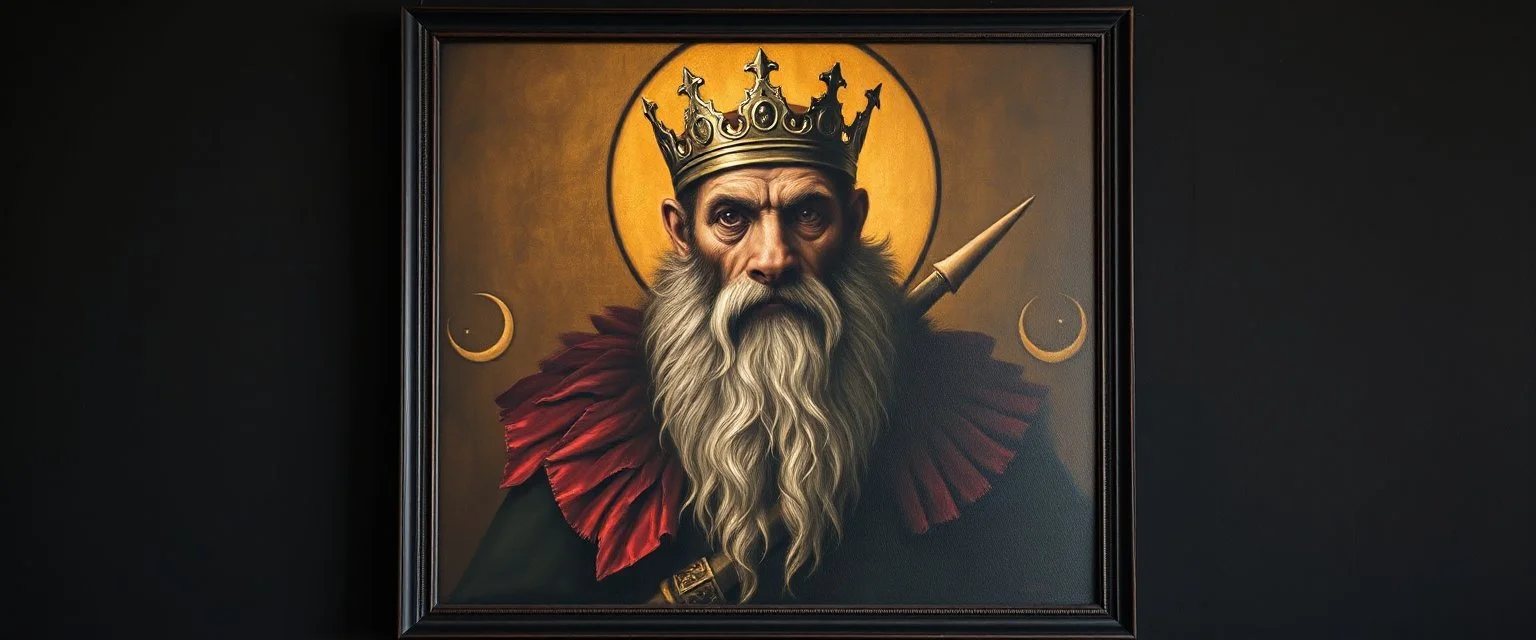 king weasel in style of Rembrandt and Fallout 4, with motion blur, all on a painting on wall with black wooden frame and with black wall background