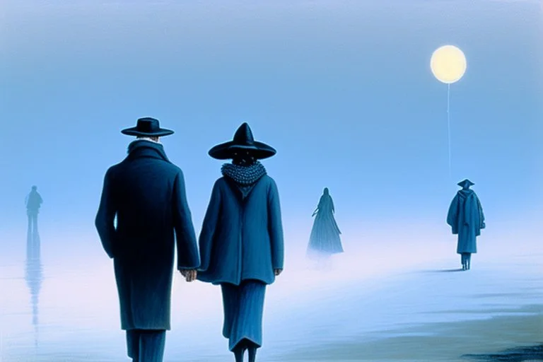 two people without gender seen from behind walking side by side in an empty foggy plain, above there is blue sky by artist "Leonora Carrington"