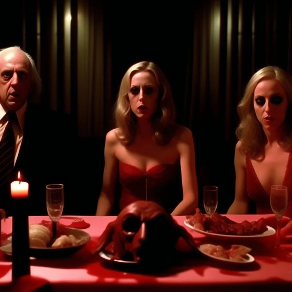 Movie shot, spooky, ultra realistic distress, dining, ultra realistic hot woman, pieces of meat, creepy, organic ail dynamic, anguish, excited woman, hypermaximalist figures, Creepy, Alfred Hitchcock, Sam Raimi, sinister, John Carpenter, Dario Argento, ornate