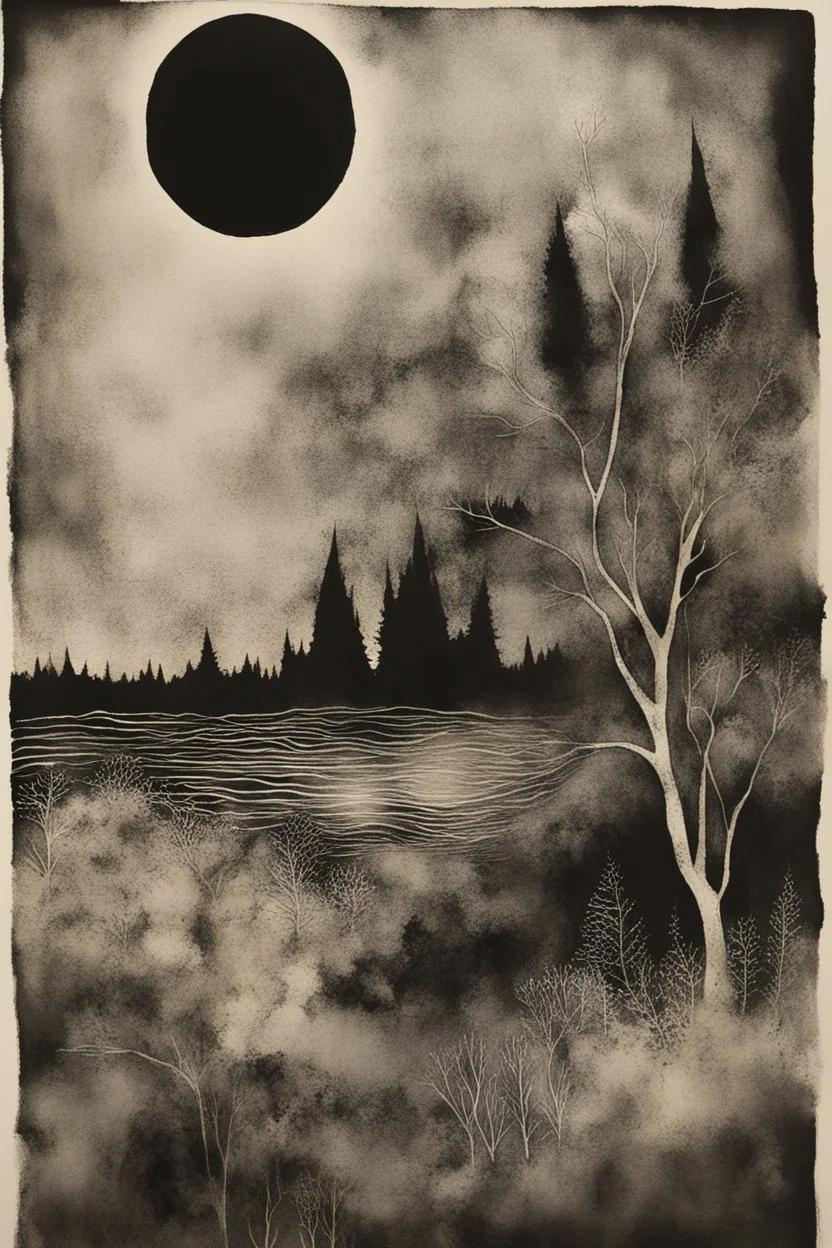 Liminal Dreamscape nightmares; Primitive Art; Ink Wash; Black With Iridescent Pastels