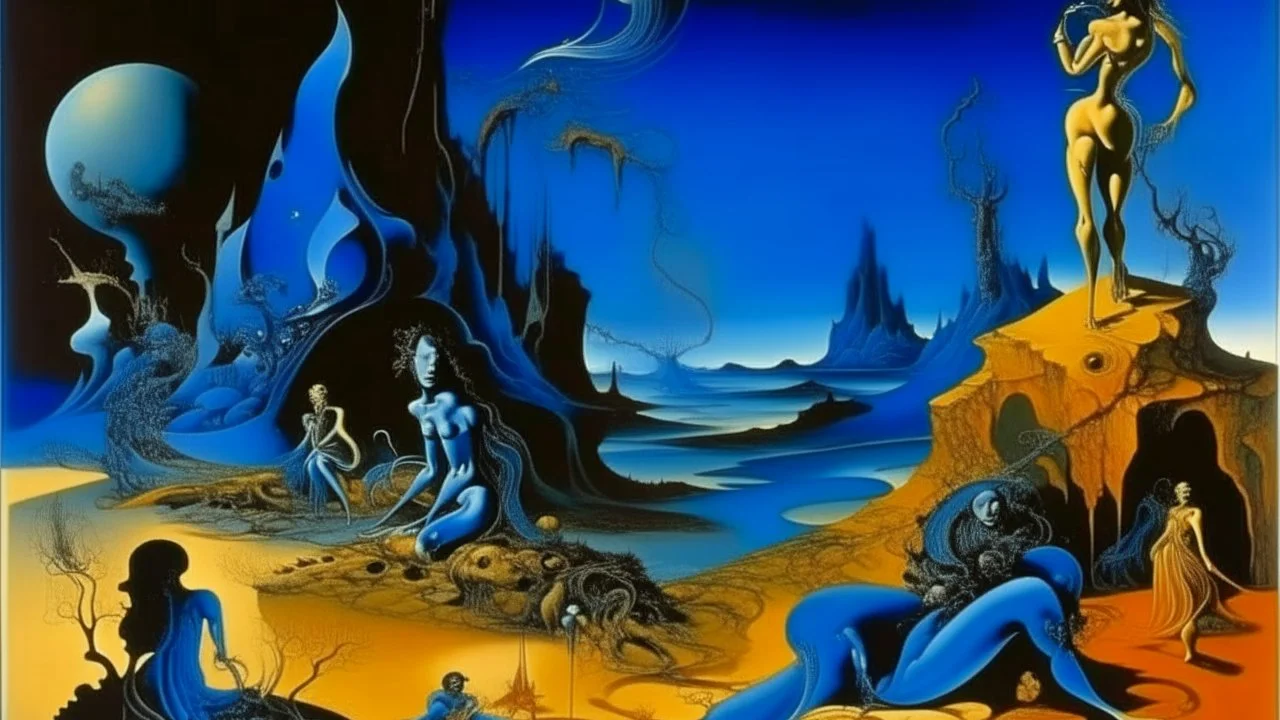 A dark blue chaotic realm with pixies painted by Salvador Dali