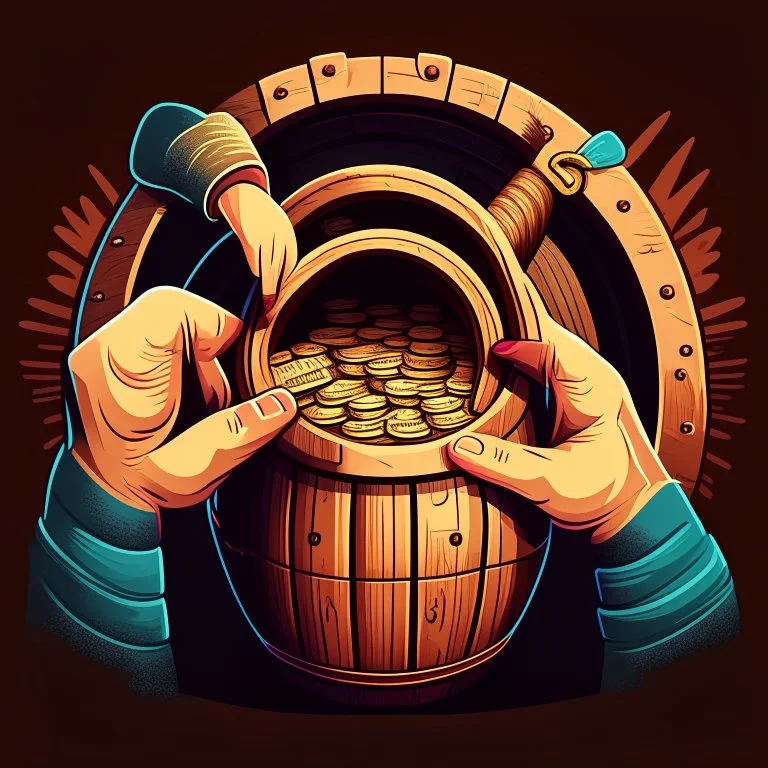 Two hands holding a wooden barrel : 1.5 ) money goes in from above and money comes out from below, ultra quality, vector graphics