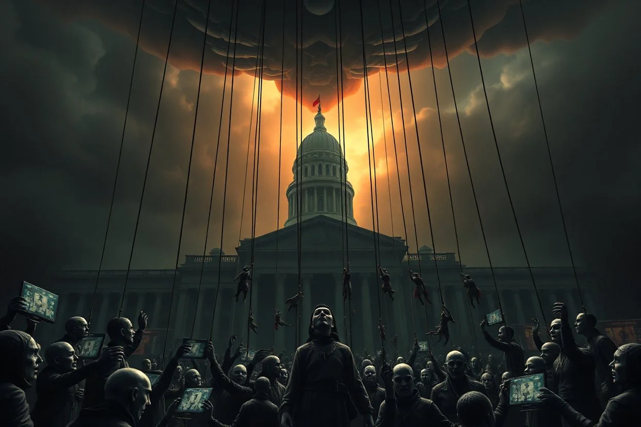 an oppressive government looms above, pulling the strings of puppets below, the news media broadcasts their suffering everywhere, dystopian, dread, horror