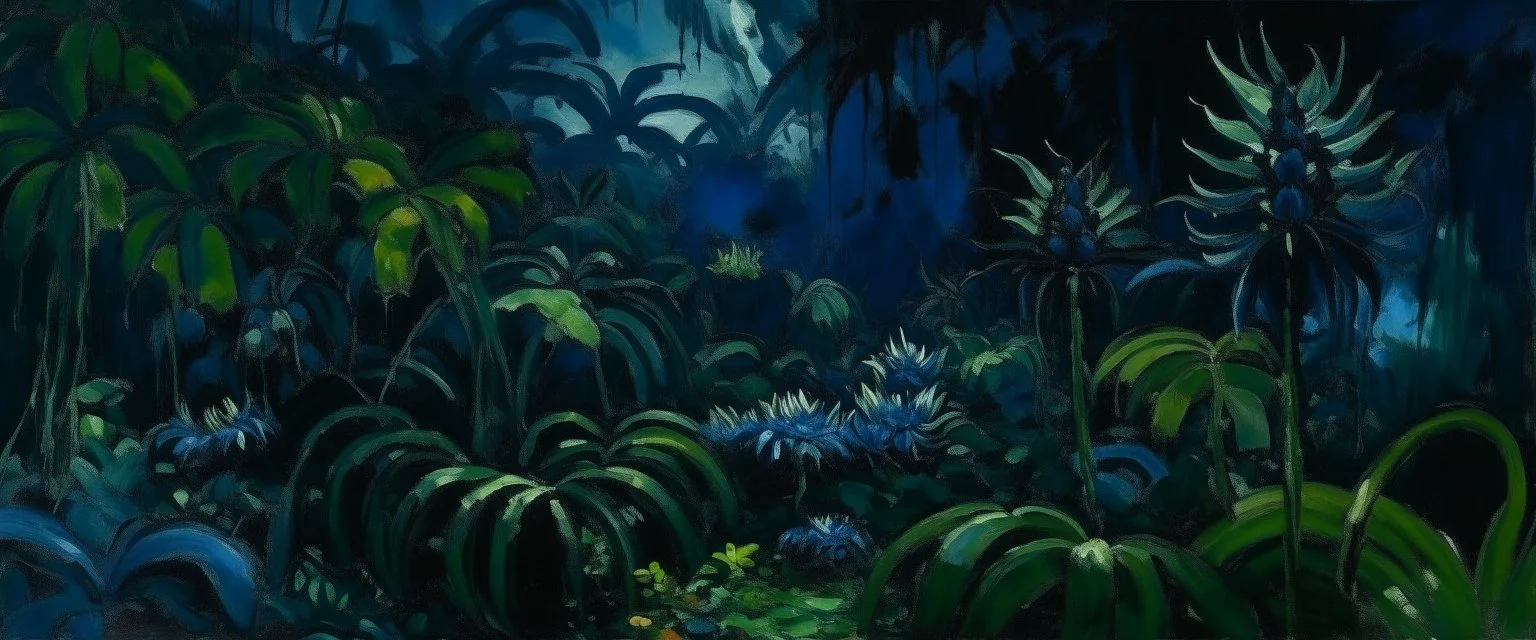 A dark blue corrupted jungle with Venus fly traps painted by Claude Monet