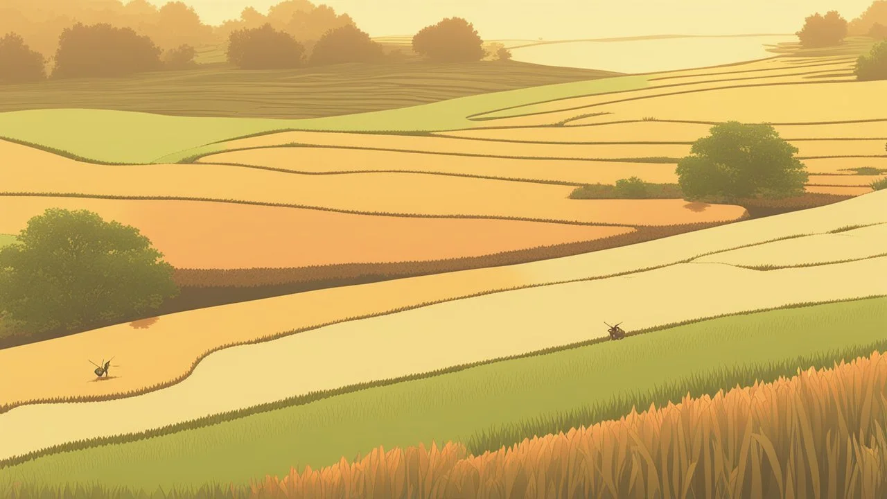 Rice field，Trees，Warm color palette，Animation，A lovely grasshopper，Top of the hill