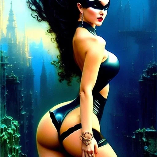 Drawing of beautiful face,'beautiful booty,Busty CAtWoman',intense stare, ancient skintight armor, balanciaga fashion clothe painting by gaston bussiere, greg rutkowski, yoji shinkawa, yoshitaka amano, tsutomu nihei, donato giancola, tim hildebrandt, Oil on canvas, cinematic composition, extreme detail,fit full head inside picture,16k